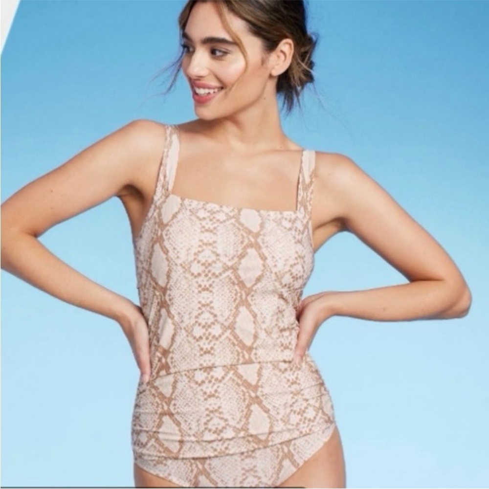 NWT One Piece Swimsuit High Neck Ruched Brown Tan Snake Skin Pattern Padded Sz L